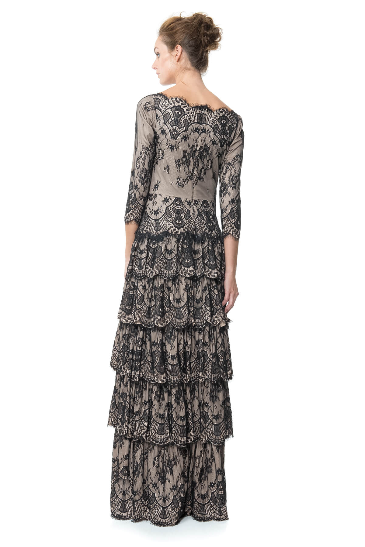 Metallic Lace Tiered Bateau Gown in Black / Pale Pink