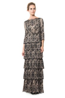 Metallic Lace Tiered Bateau Gown in Black / Pale Pink