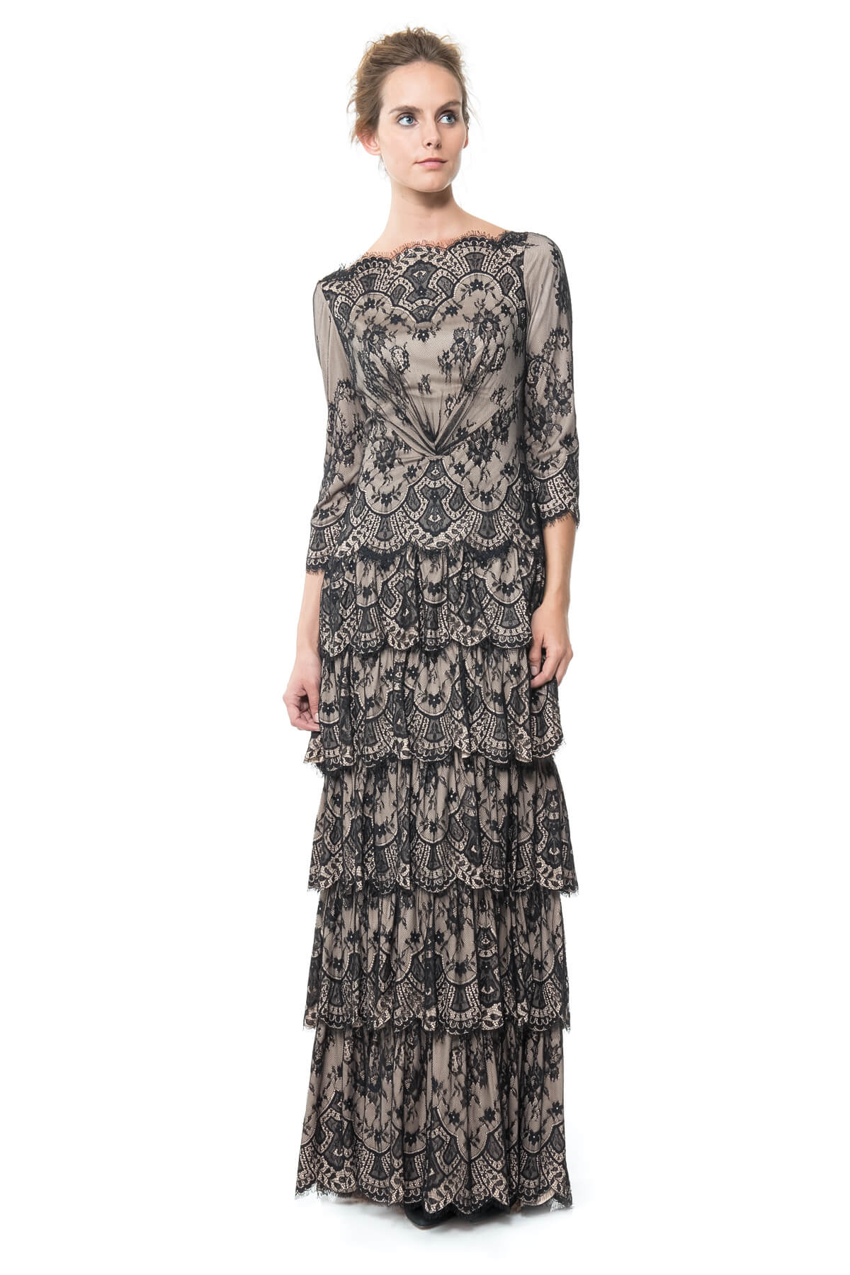 Metallic Lace Tiered Bateau Gown in Black / Pale Pink