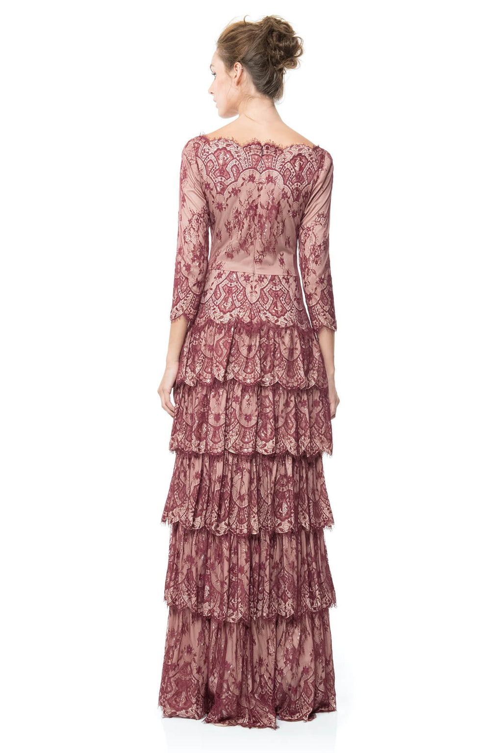 Metallic Lace Tiered Bateau Gown in Auburn / Pale Pink