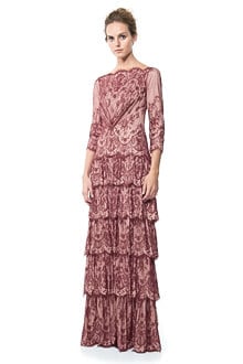 Metallic Lace Tiered Bateau Gown in Auburn / Pale Pink