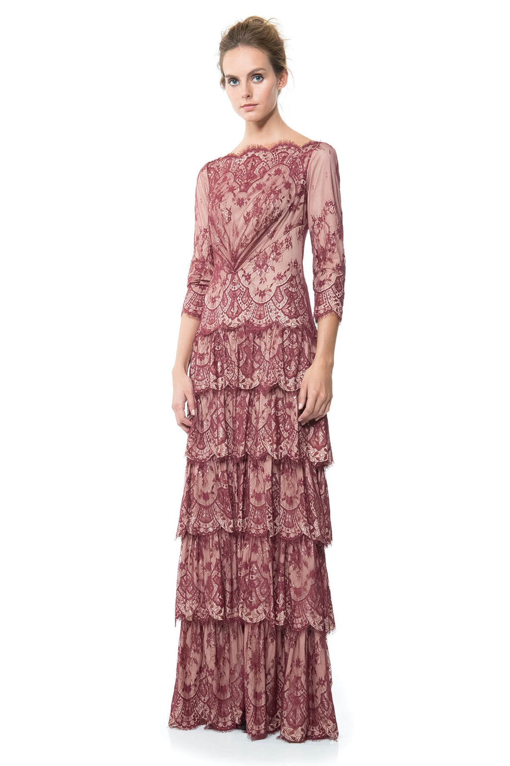 Metallic Lace Tiered Bateau Gown in Auburn / Pale Pink