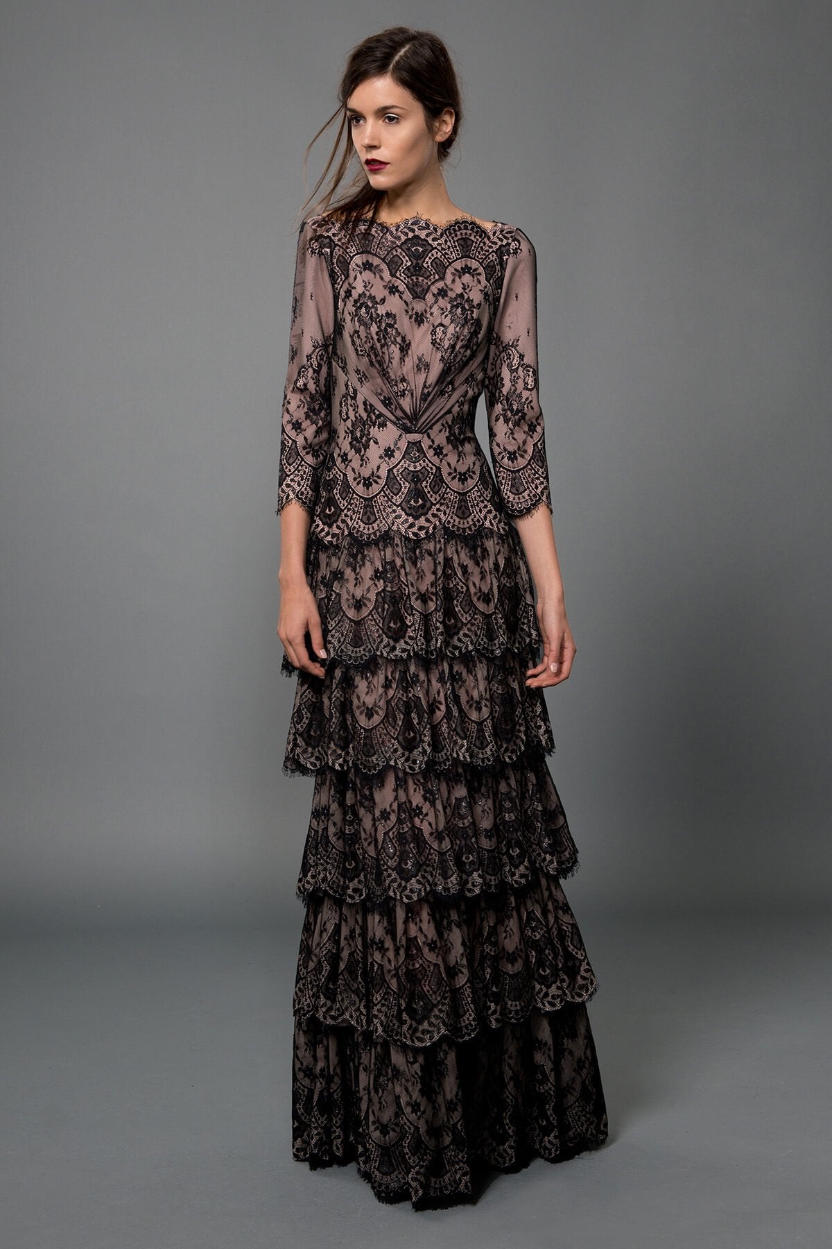 Metallic Lace Tiered Bateau Gown in Black / Pale Pink