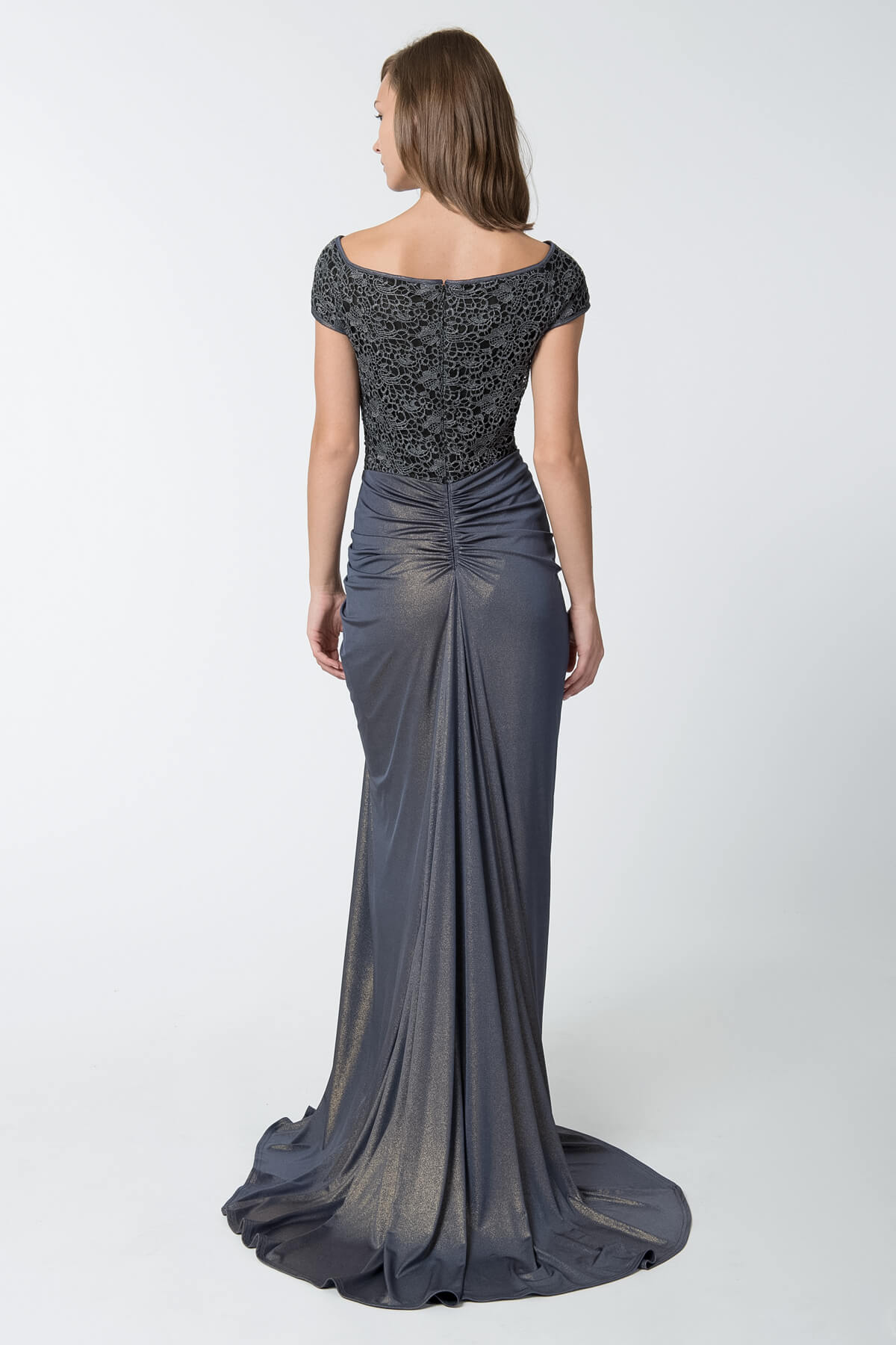 Metallic Lace and Draped Jersey Gown in Duchess Grey