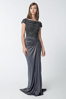 Metallic Lace and Draped Jersey Gown in Duchess Grey