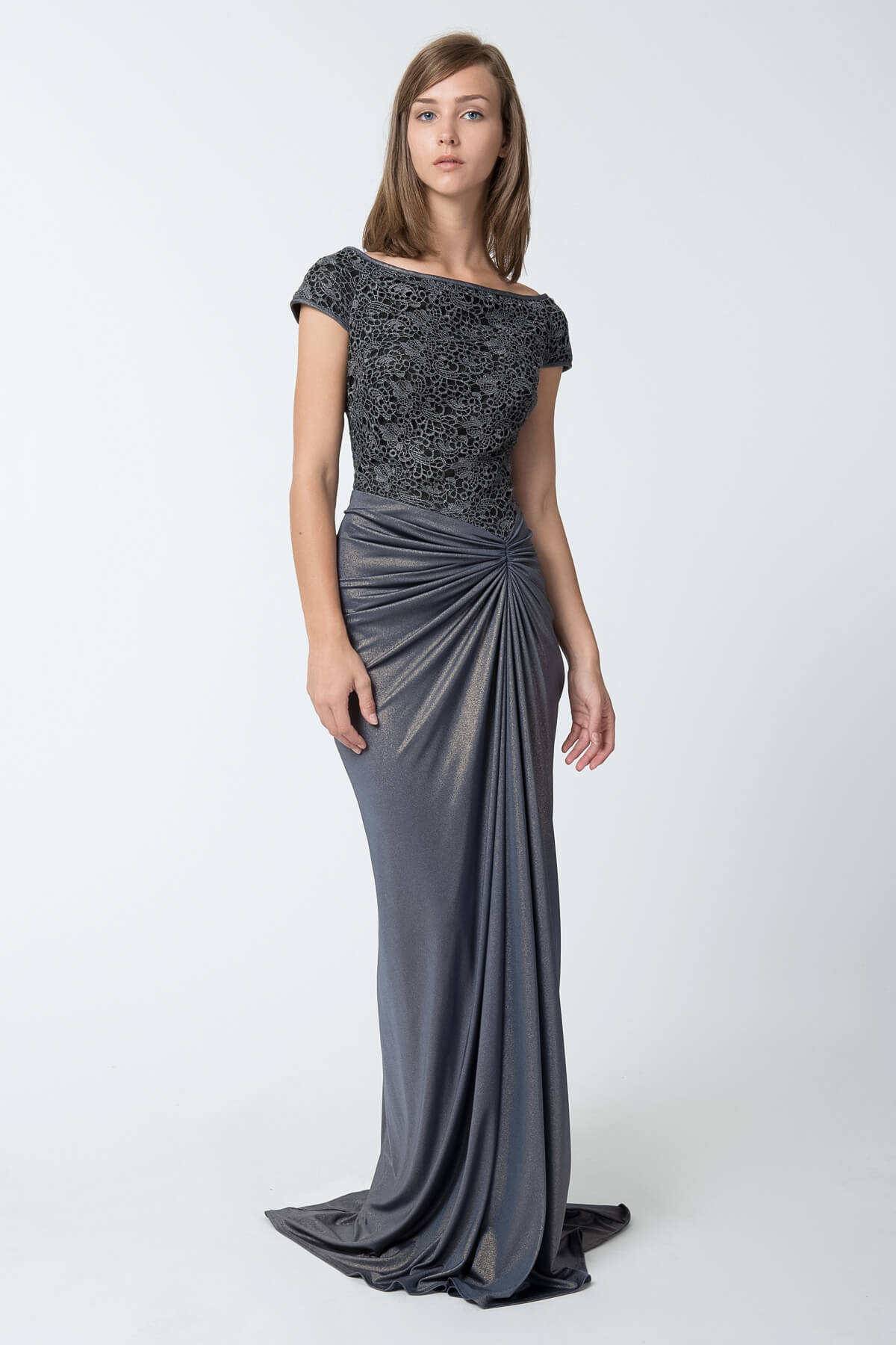 Metallic Lace and Draped Jersey Gown in Duchess Grey