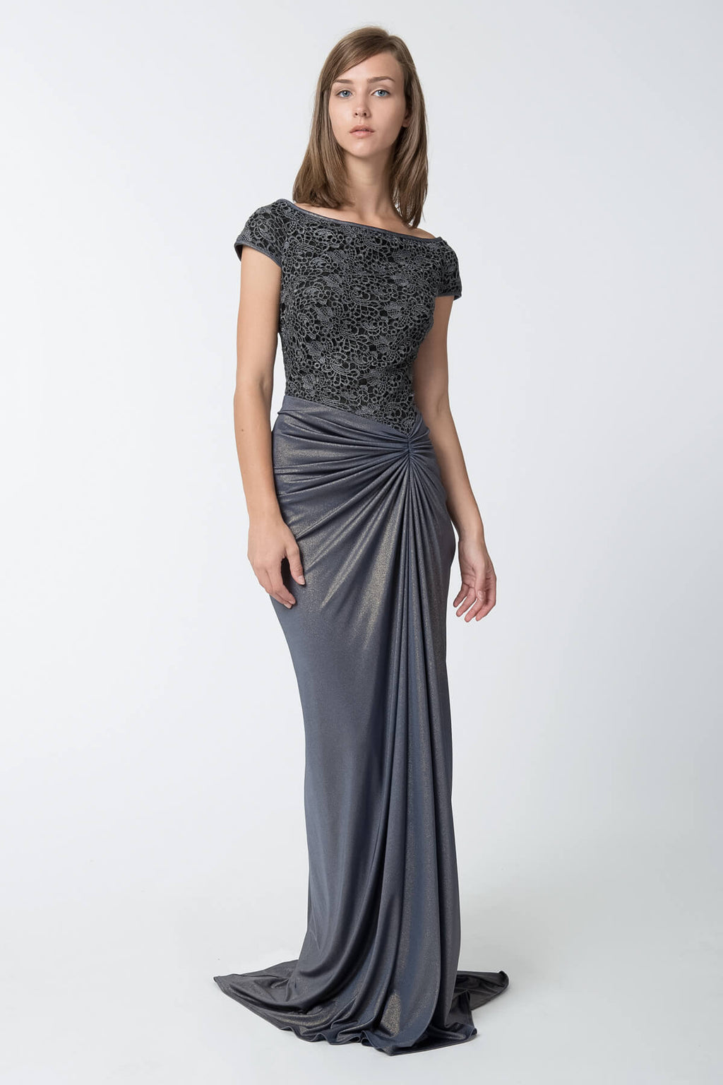 Metallic Lace and Draped Jersey Gown in Duchess Grey