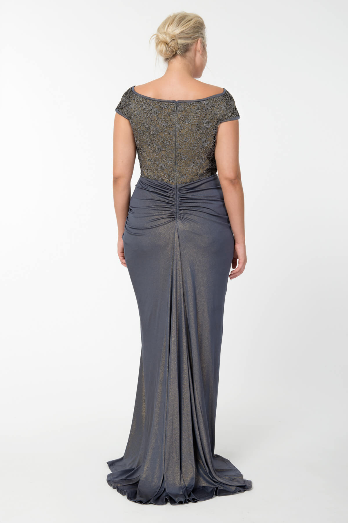 Metallic Lace and Draped Jersey Gown in Duchess Grey