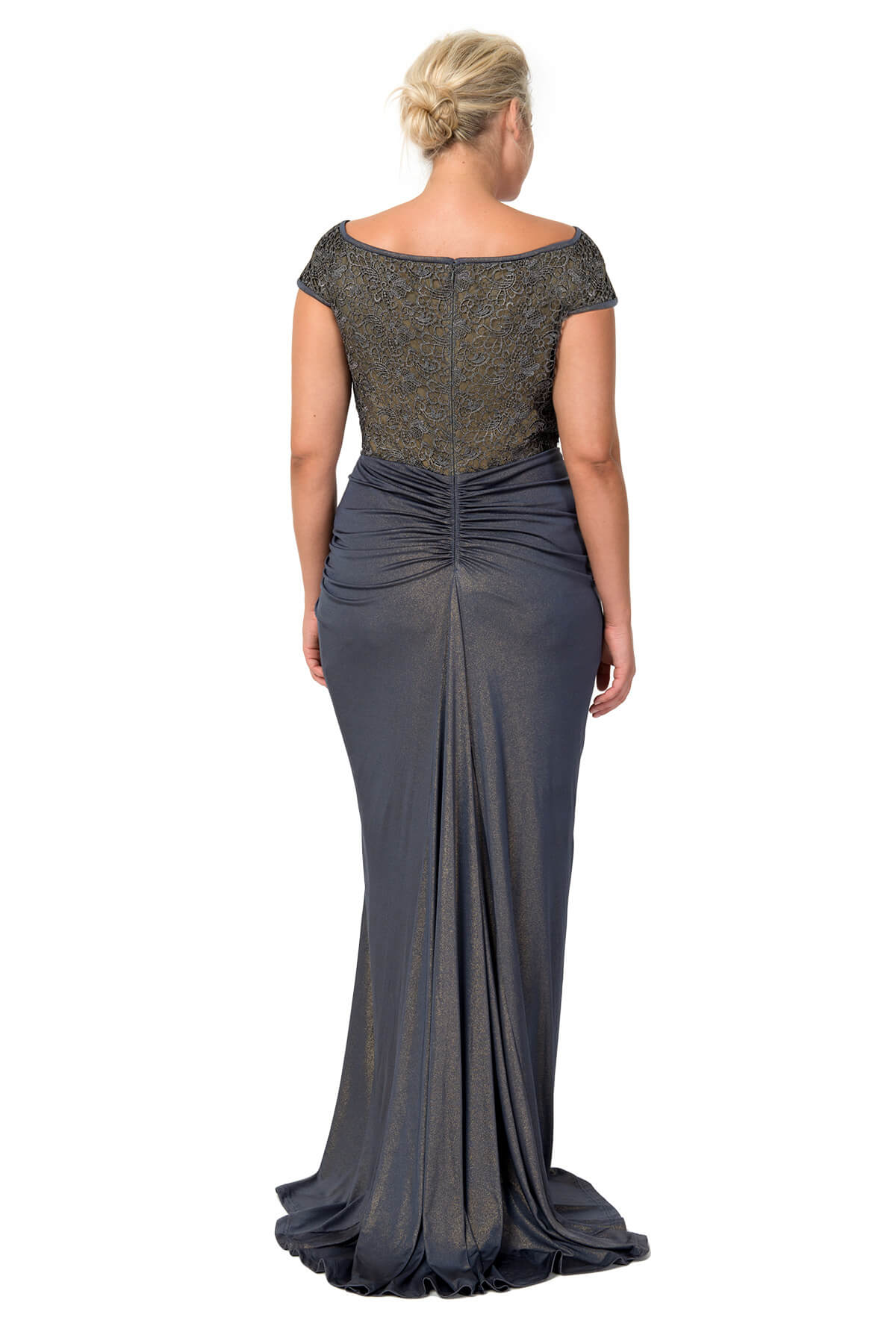 Metallic Lace and Draped Jersey Gown in Duchess Grey