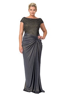 Metallic Lace and Draped Jersey Gown in Duchess Grey