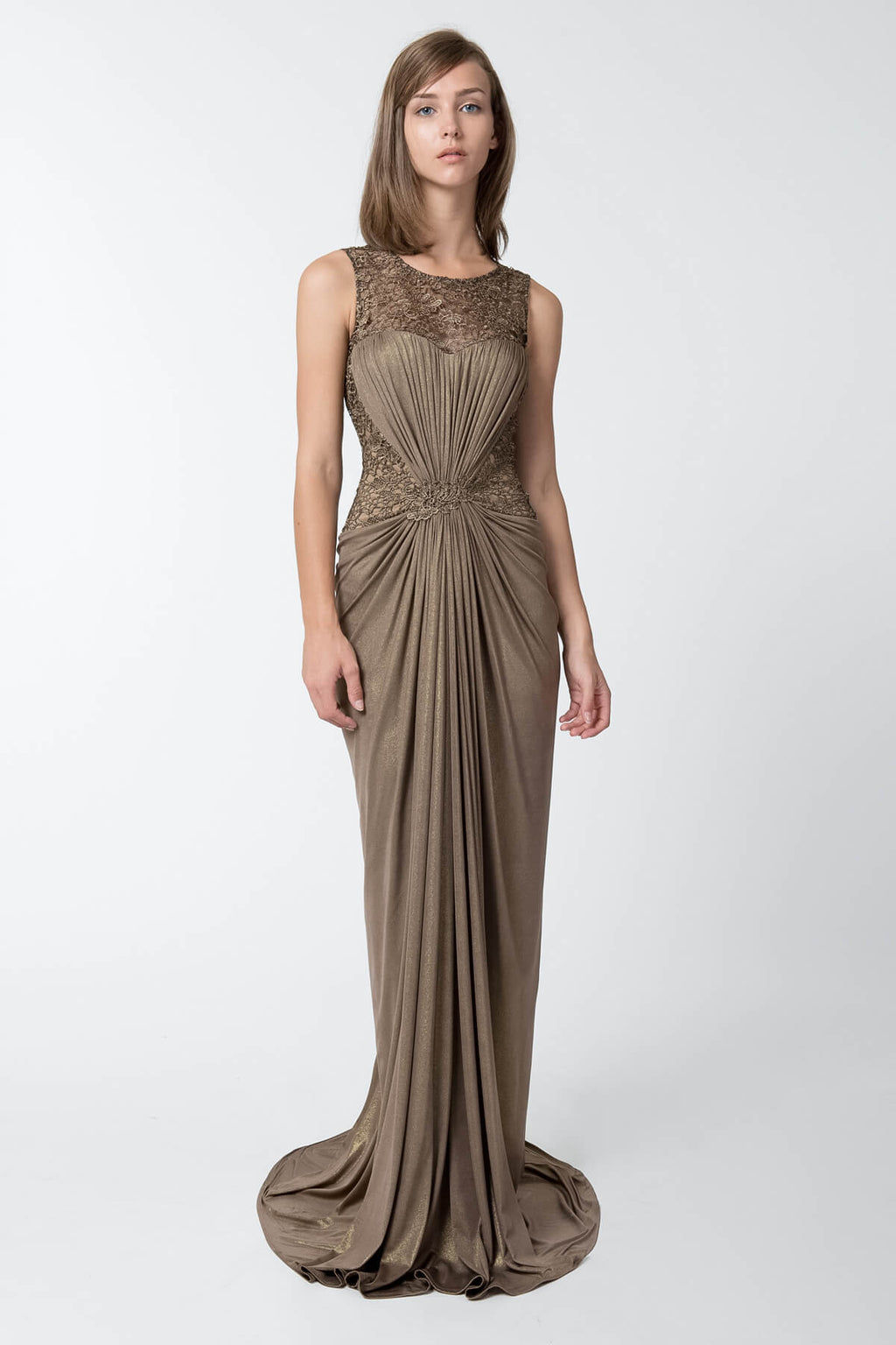 Metallic Draped Gown in Antique Gold