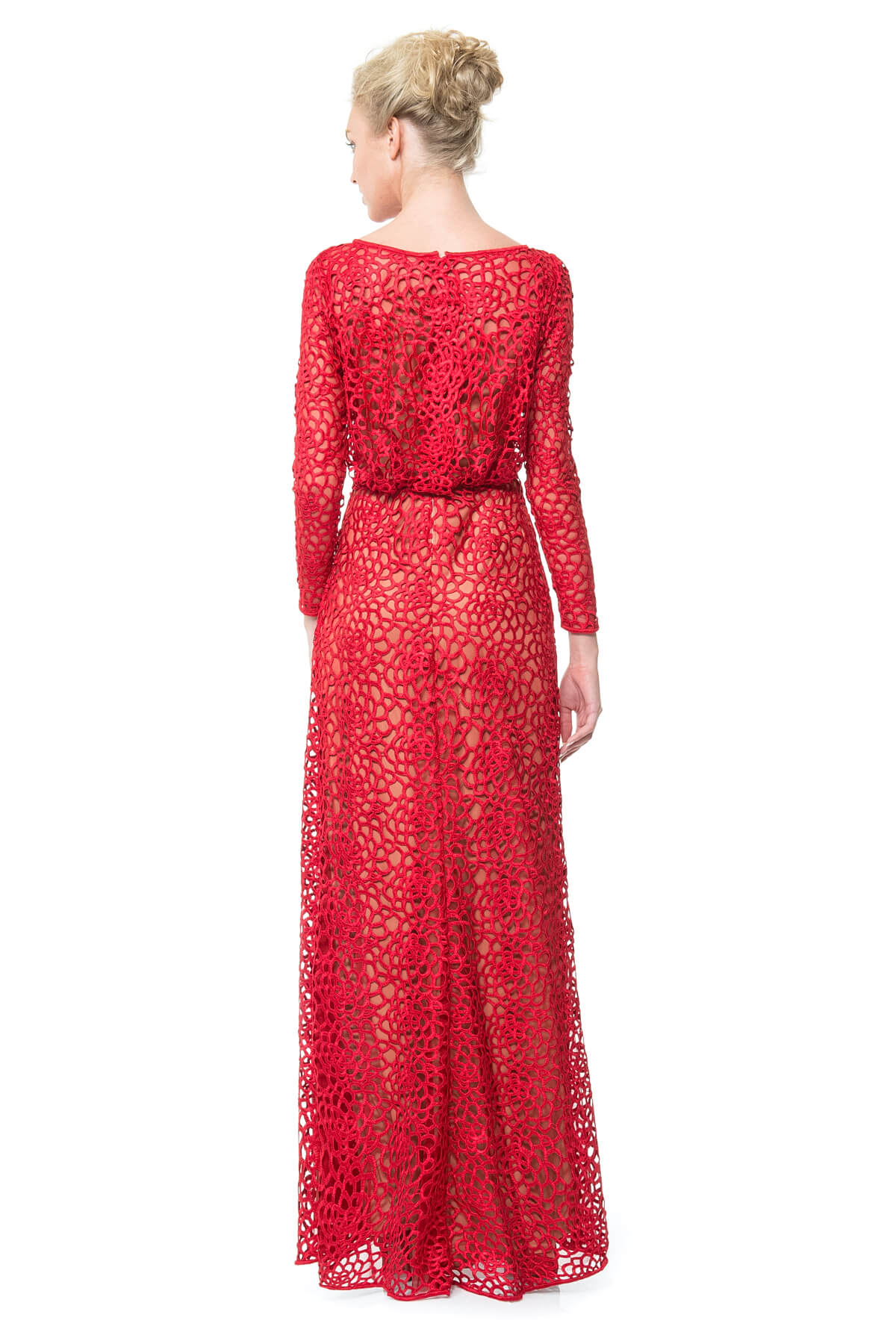 Blouson Back Lace Long Sleeve Gown in Carmine