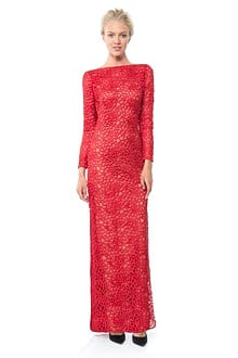 Blouson Back Lace Long Sleeve Gown in Carmine