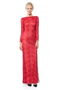 Blouson Back Lace Long Sleeve Gown in Carmine