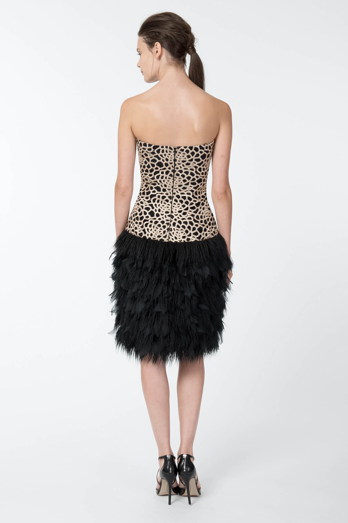 Guipure Lace Strapless Dress in Taupe / Black