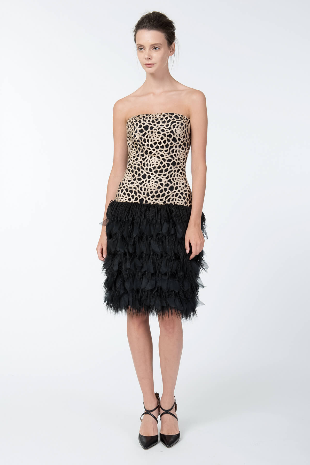 Guipure Lace Strapless Dress in Taupe / Black