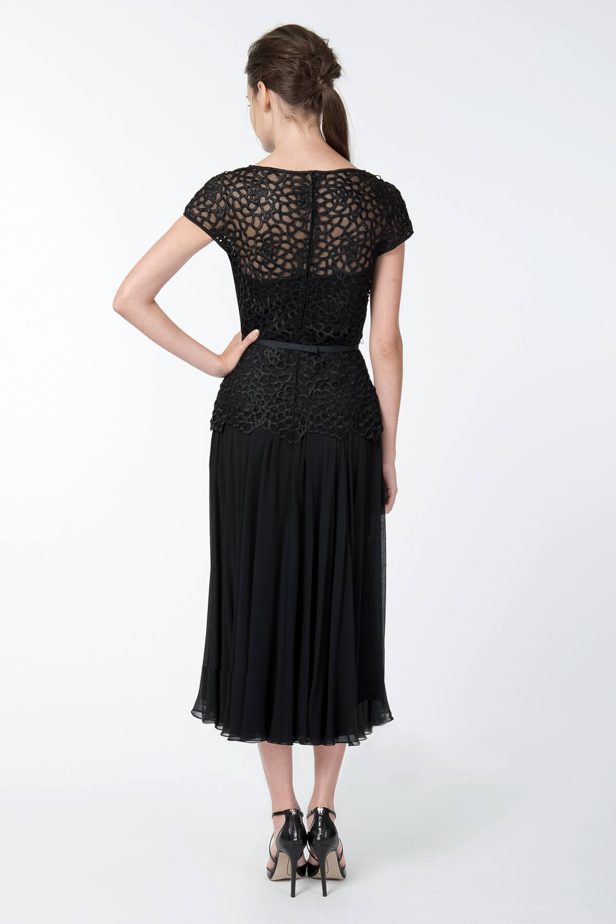 Guipure Lace and Chiffon Dress in Black