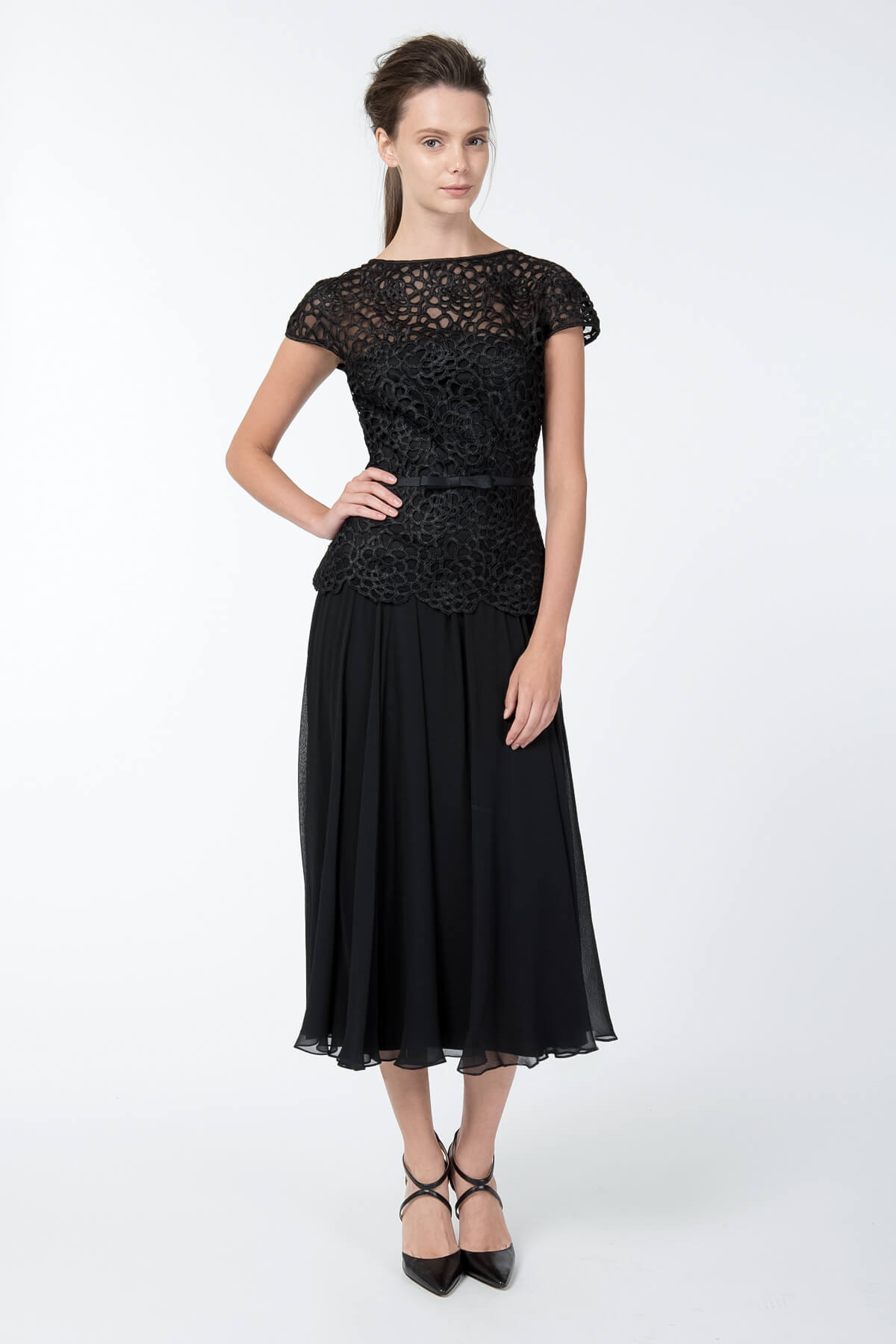 Guipure Lace and Chiffon Dress in Black