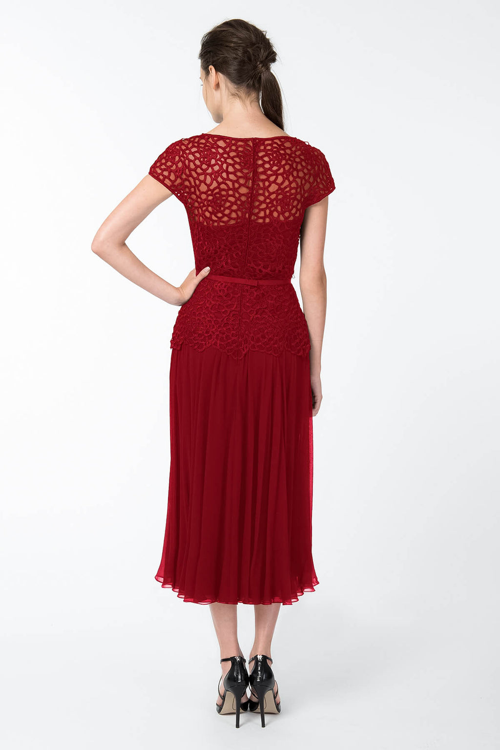 Guipure Lace and Chiffon Dress in Carmine