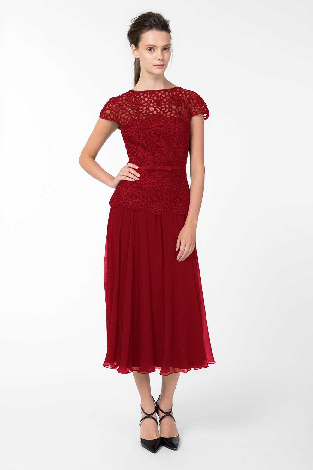 Guipure Lace and Chiffon Dress in Carmine