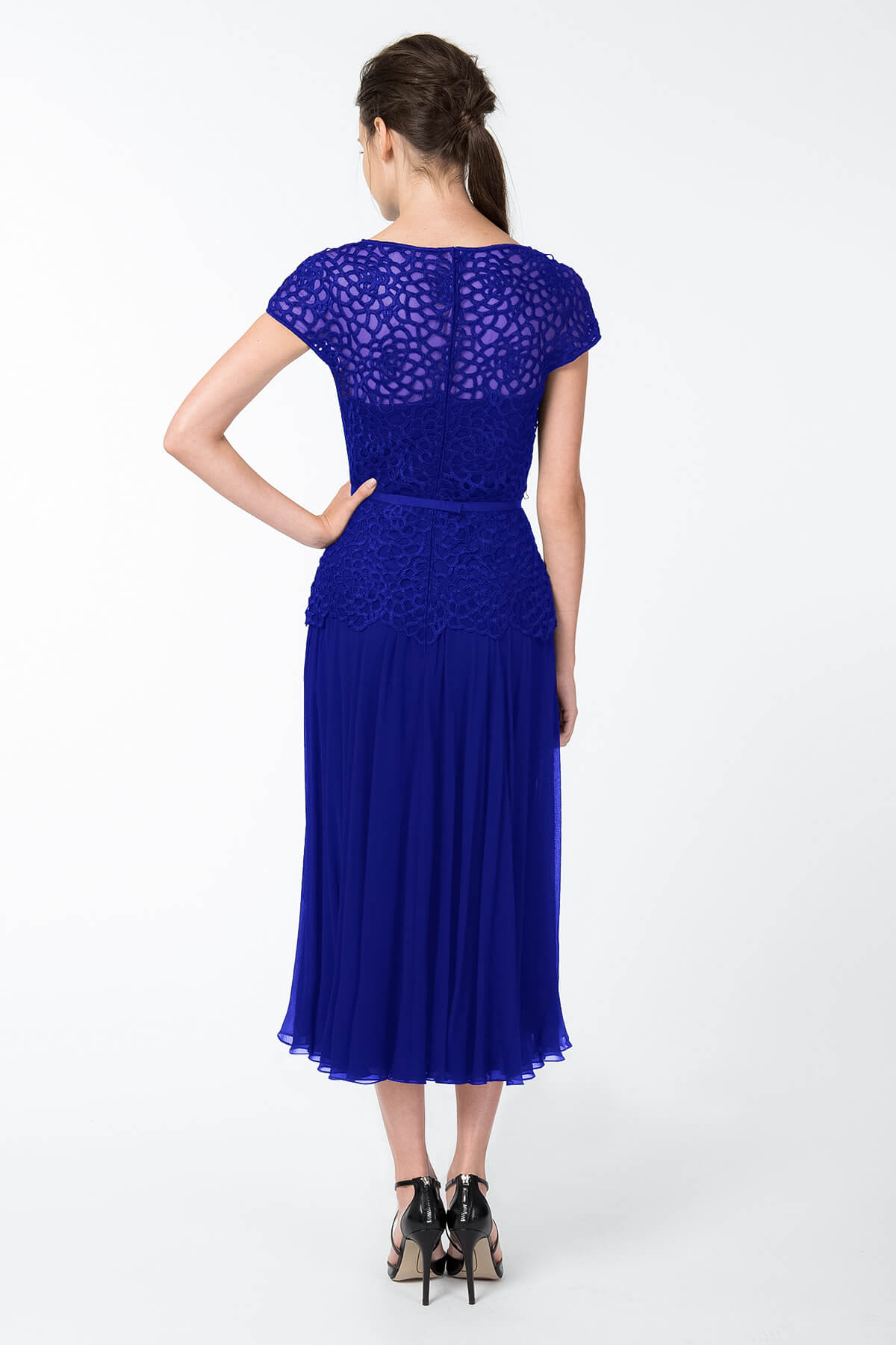 Guipure Lace and Chiffon Dress in Sapphire