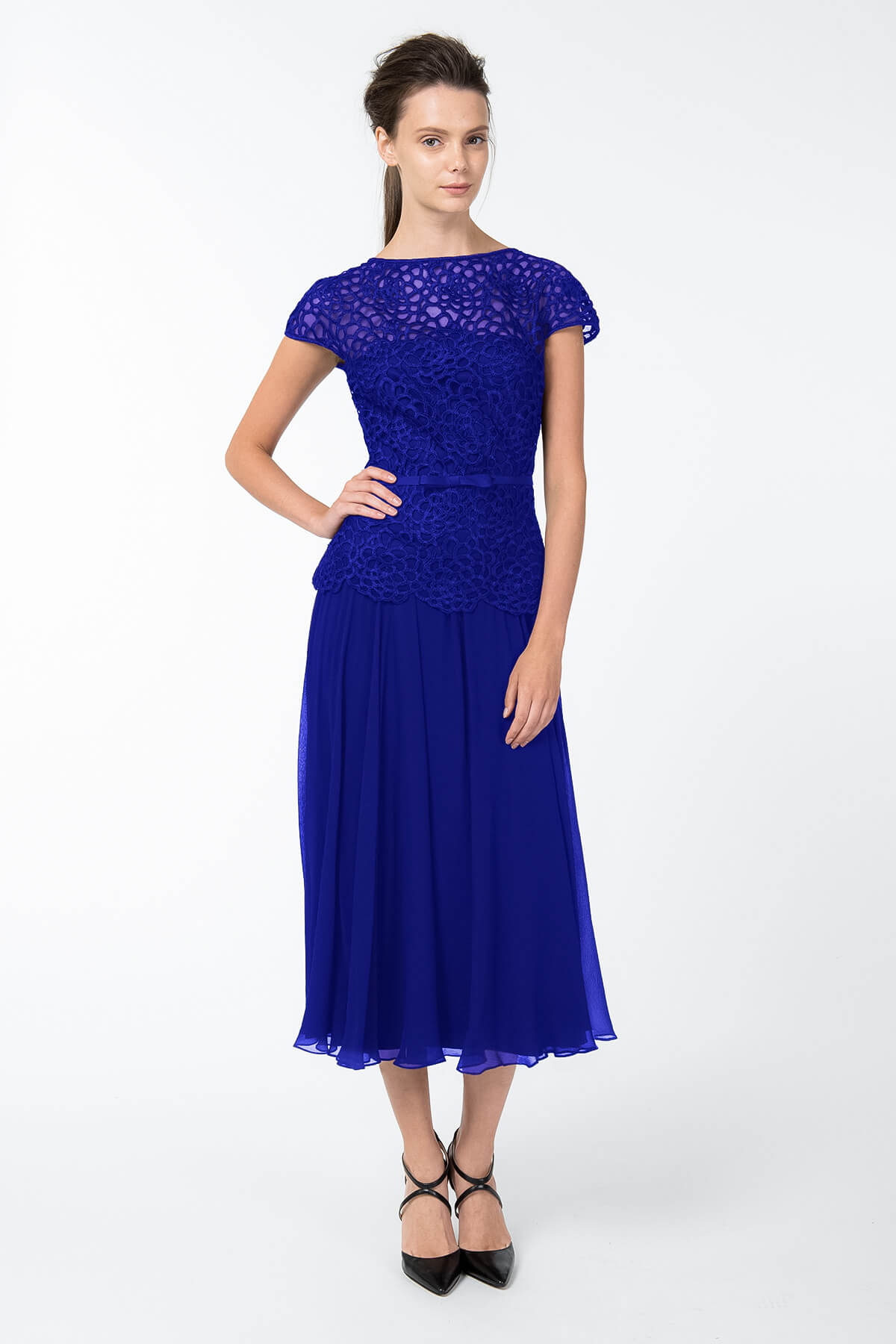 Guipure Lace and Chiffon Dress in Sapphire