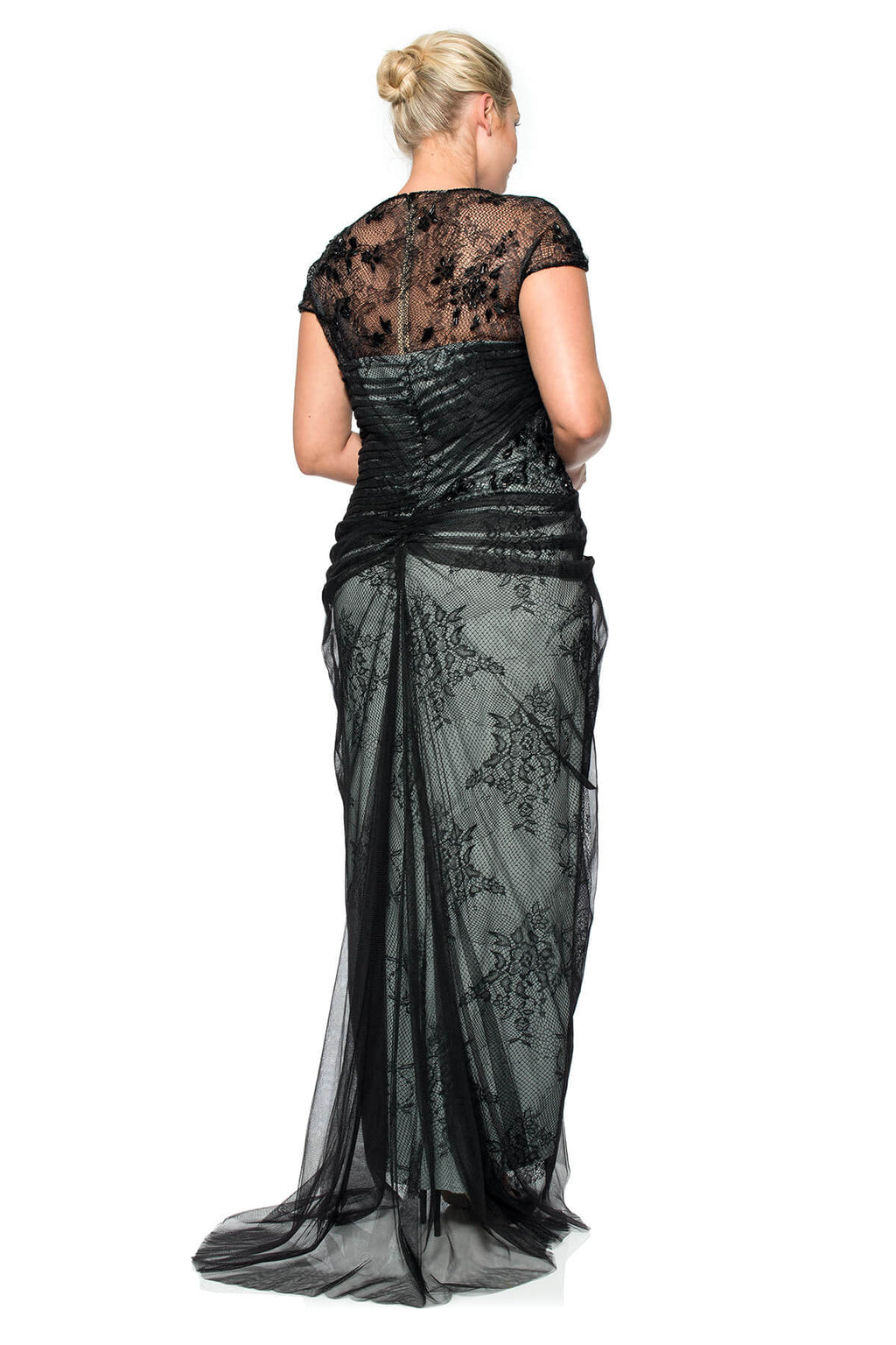 Lace and Draped Tulle Gown in Black / Marble
