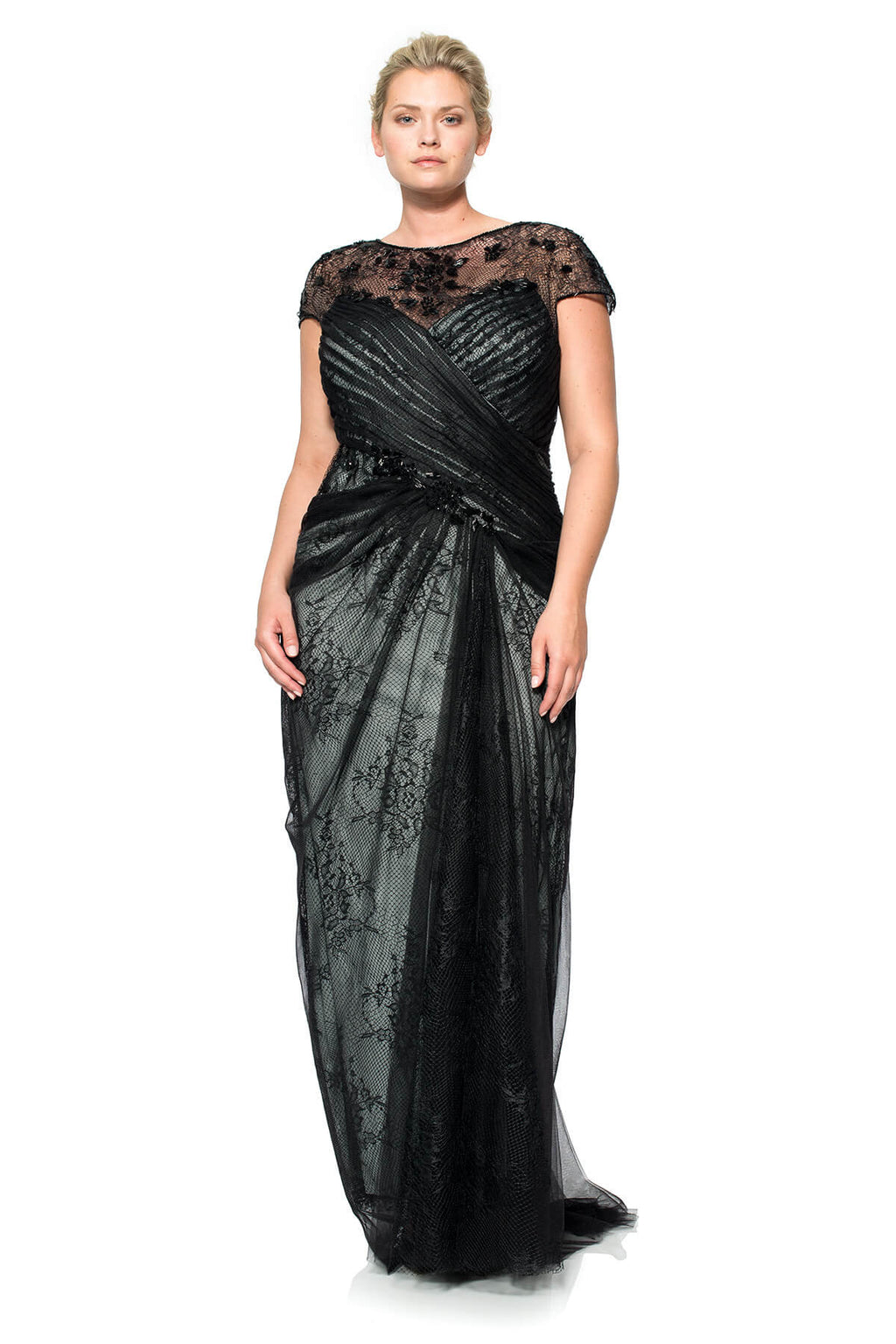 Lace and Draped Tulle Gown in Black / Marble
