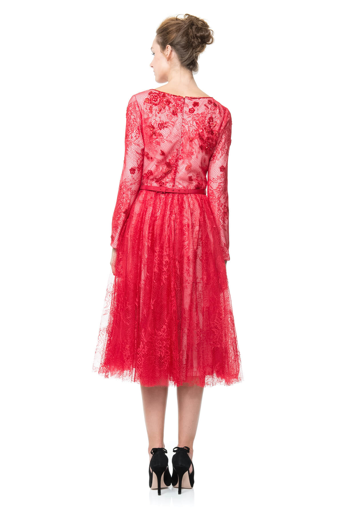 Beaded Lace and Tulle Long Sleeve Dress in Carmine