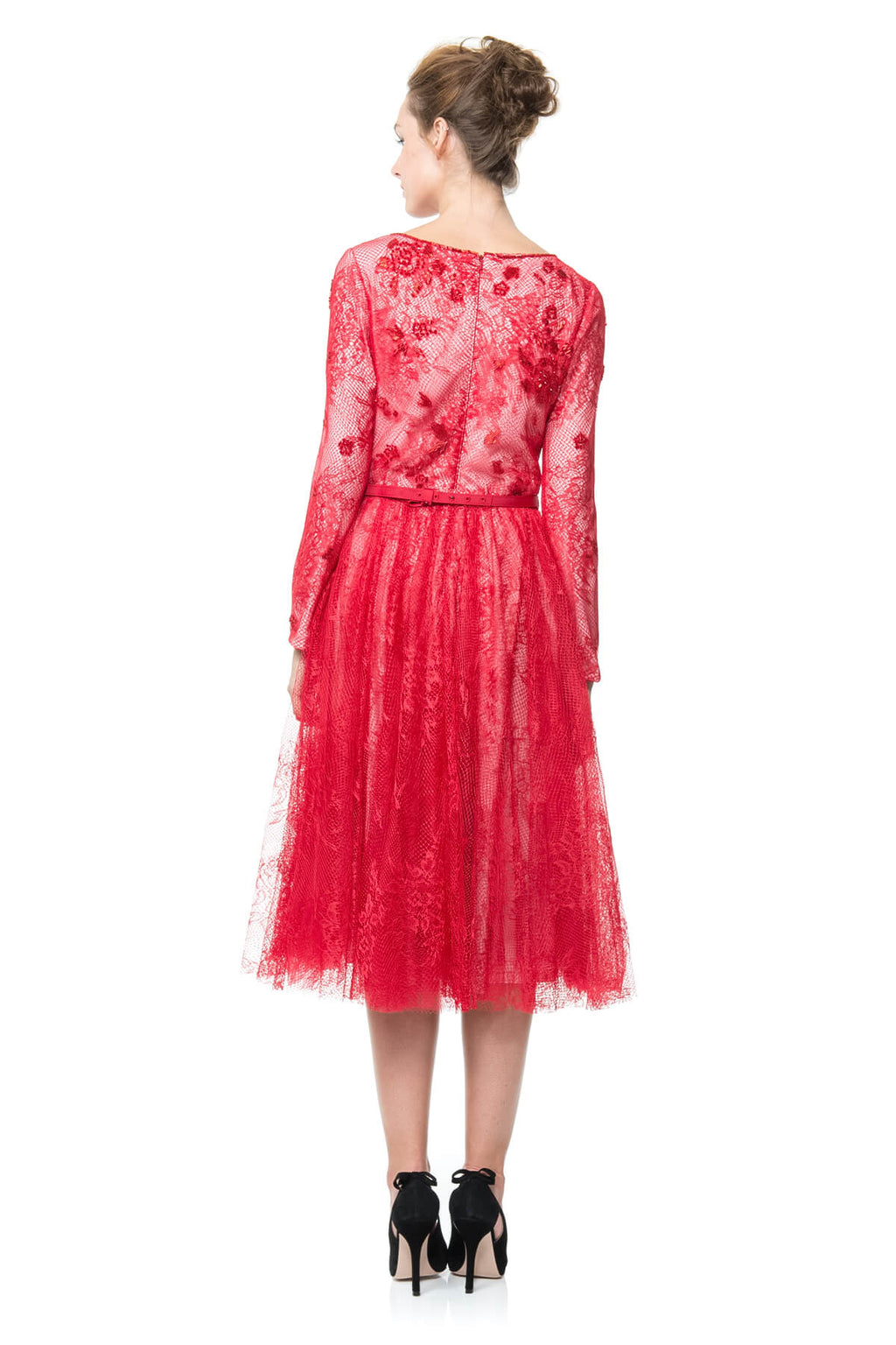 Beaded Lace and Tulle Long Sleeve Dress in Carmine