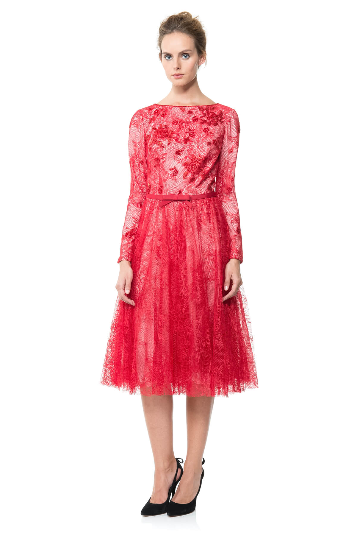Beaded Lace and Tulle Long Sleeve Dress in Carmine