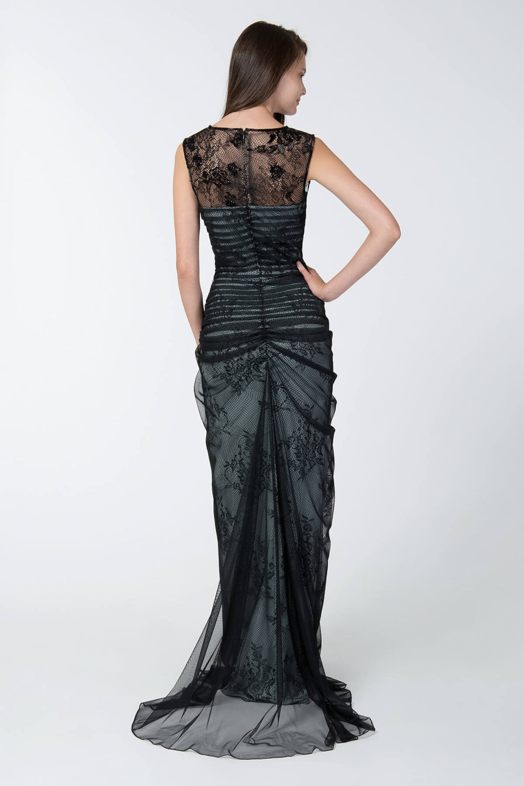 Tulle and Lace Boatneck Gown in Black / Marble
