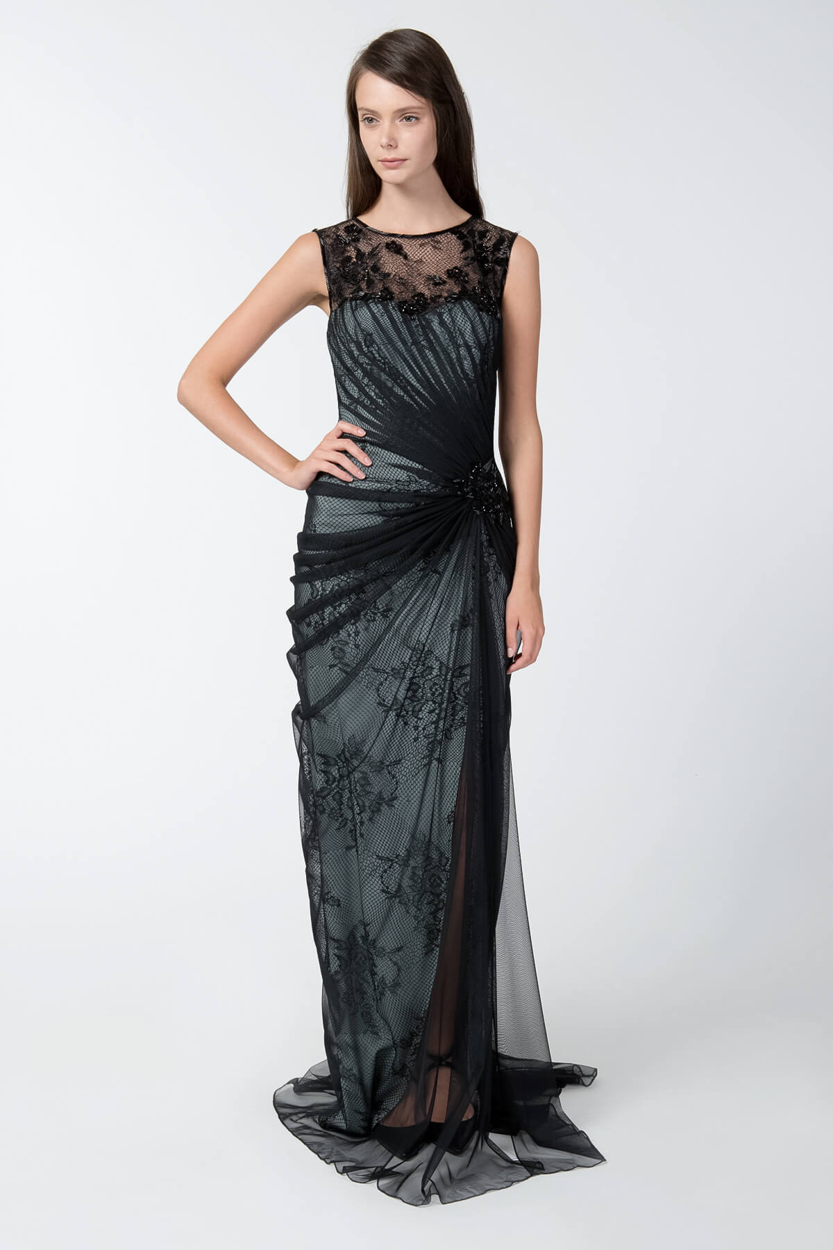 Tulle and Lace Boatneck Gown in Black / Marble