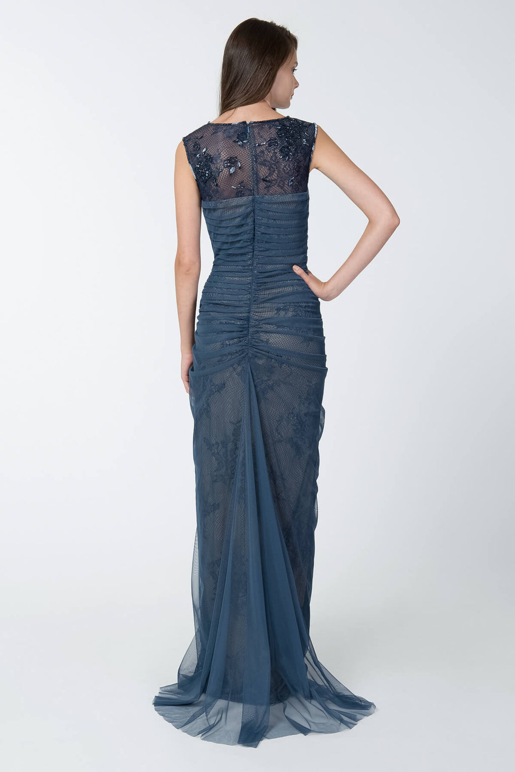 Tulle and Lace Boatneck Gown in Dusty Navy