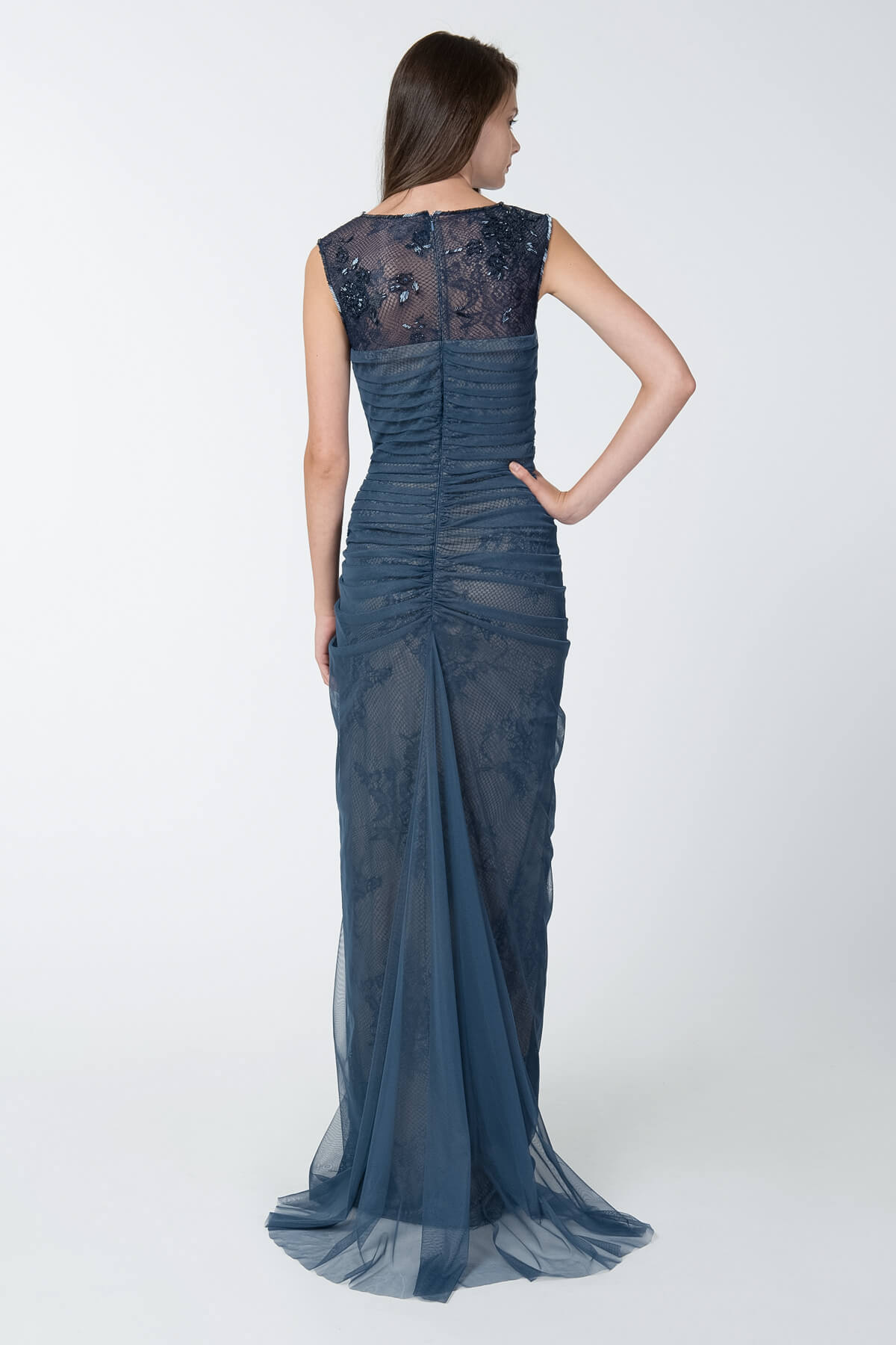 Tulle and Lace Boatneck Gown in Dusty Navy
