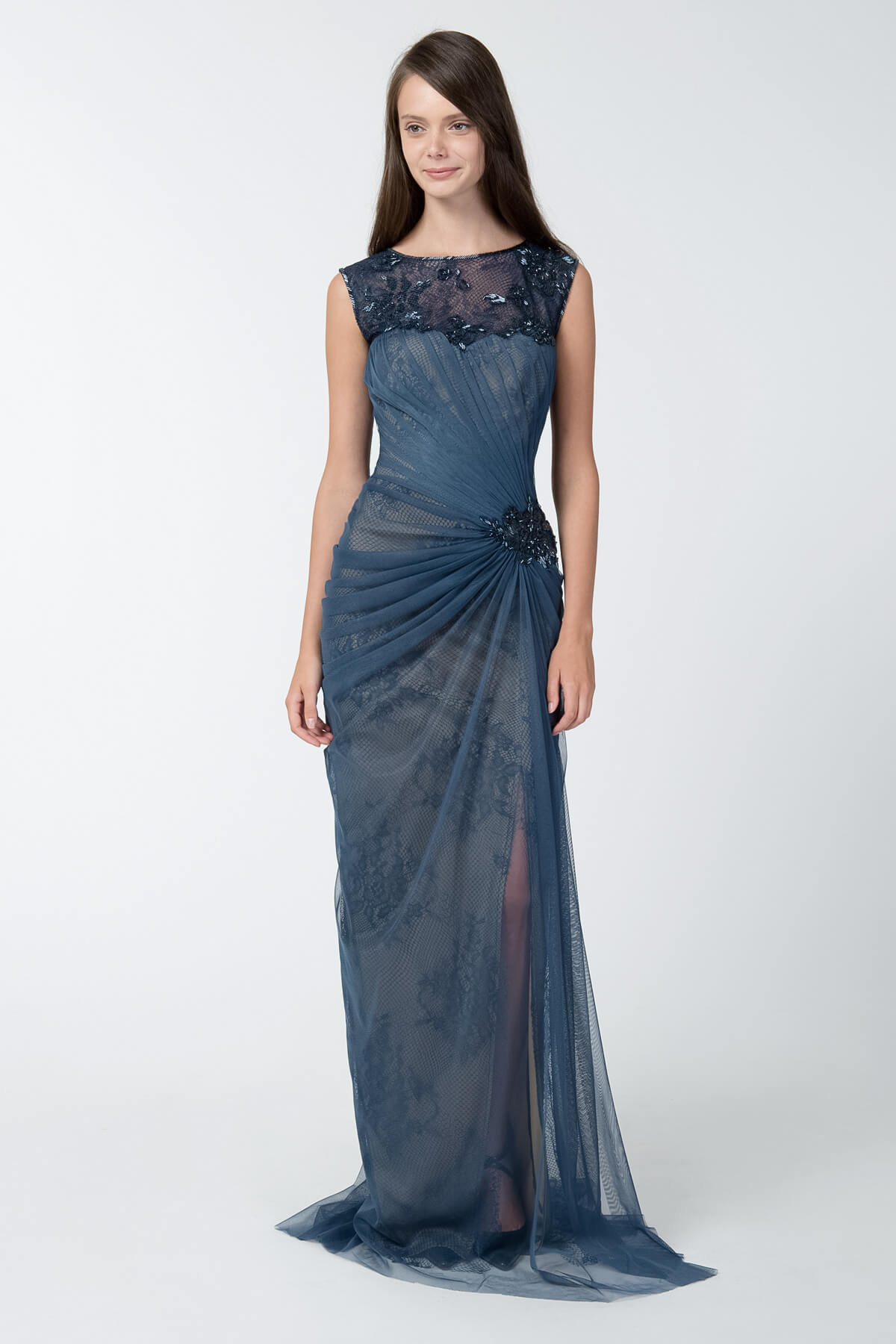 Tulle and Lace Boatneck Gown in Dusty Navy