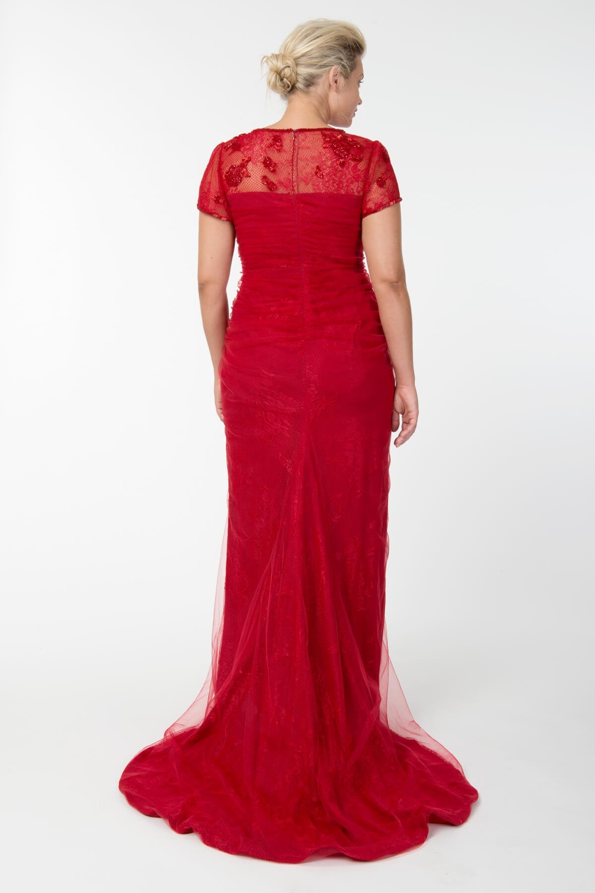 Beaded Tulle and Lace Draped Boatneck Gown in Carmine