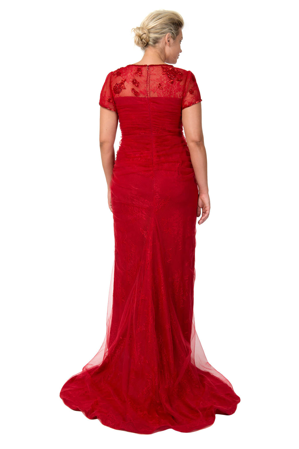 Beaded Tulle and Lace Draped Boatneck Gown in Carmine