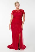 Beaded Tulle and Lace Draped Boatneck Gown in Carmine