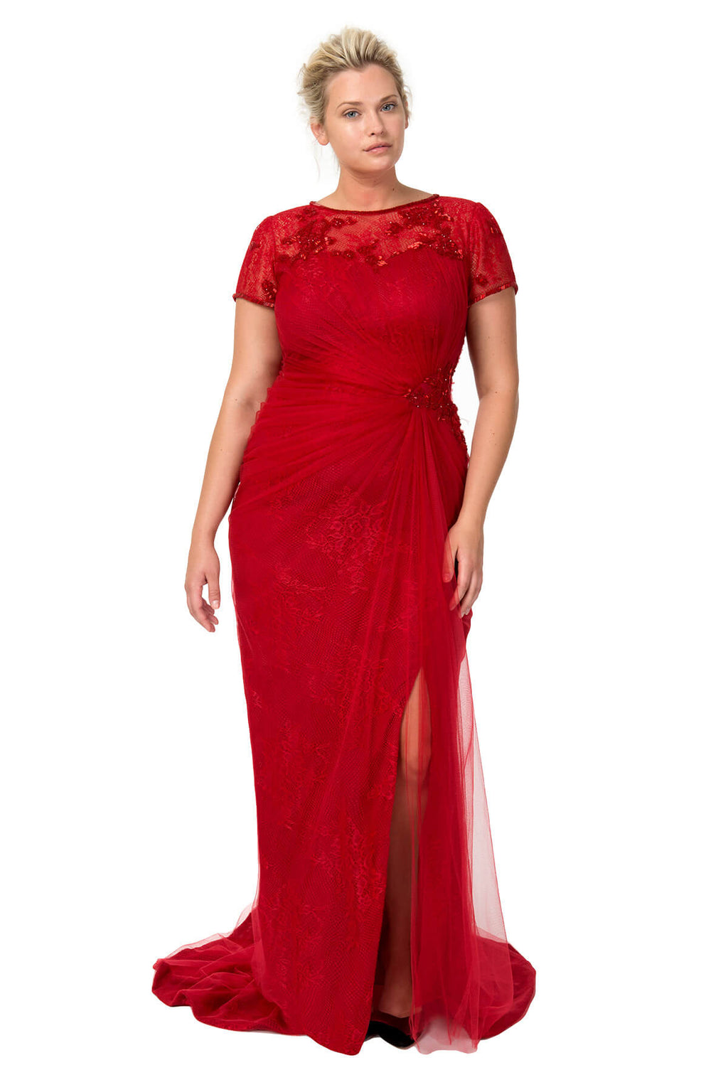 Beaded Tulle and Lace Draped Boatneck Gown in Carmine