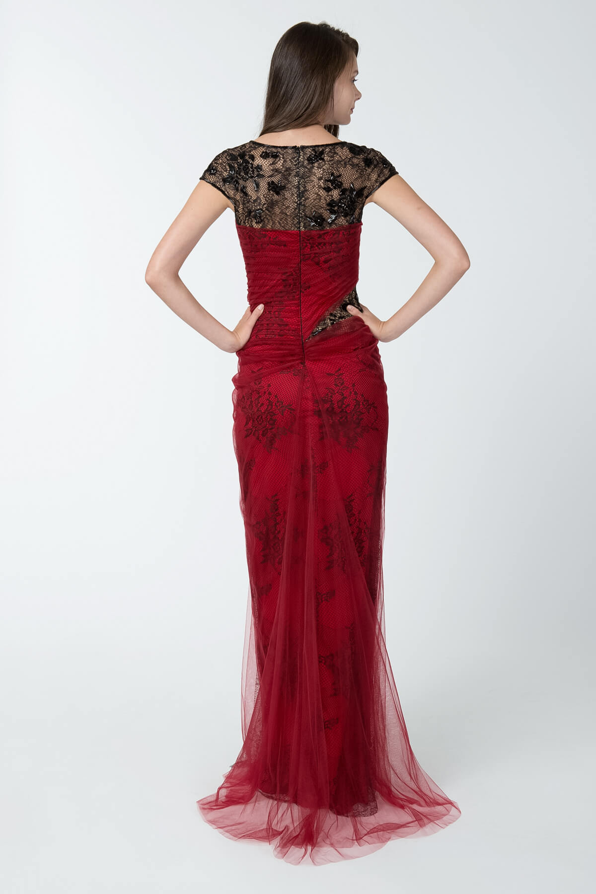 Lace and Draped Tulle Gown in Burgundy / Black