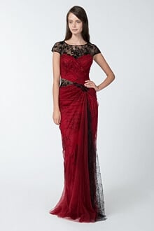 Lace and Draped Tulle Gown in Burgundy / Black