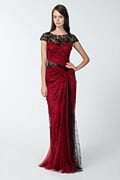 Lace and Draped Tulle Gown in Burgundy / Black