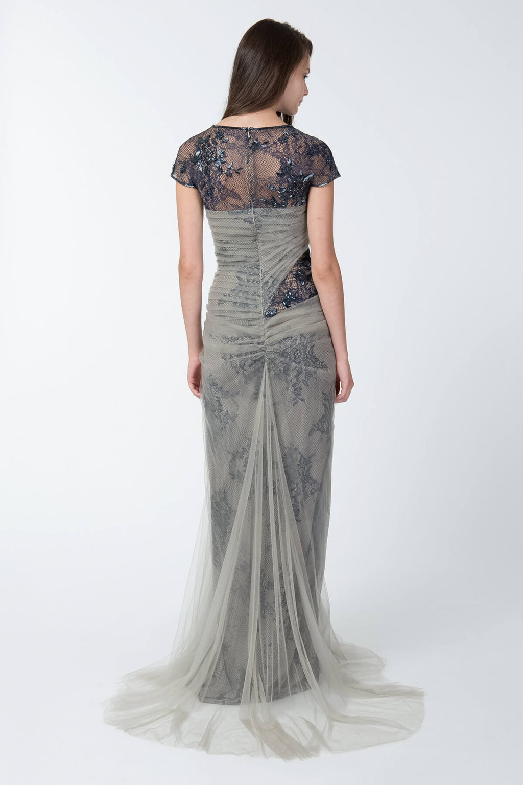 Lace and Draped Tulle Gown in Duchess Grey / Dusty Navy
