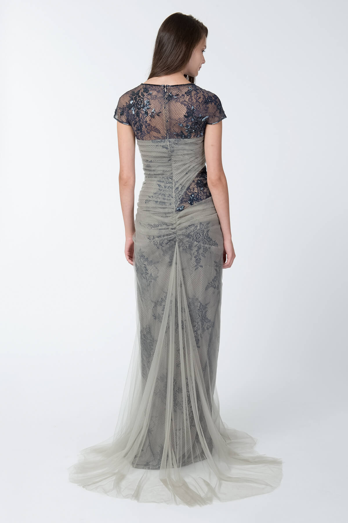 Lace and Draped Tulle Gown in Duchess Grey / Dusty Navy