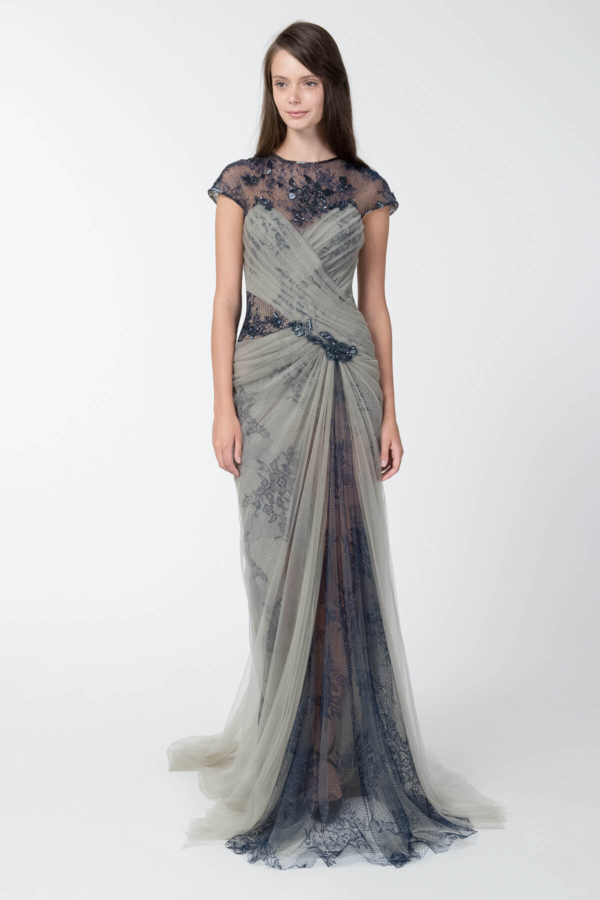 Lace and Draped Tulle Gown in Duchess Grey / Dusty Navy