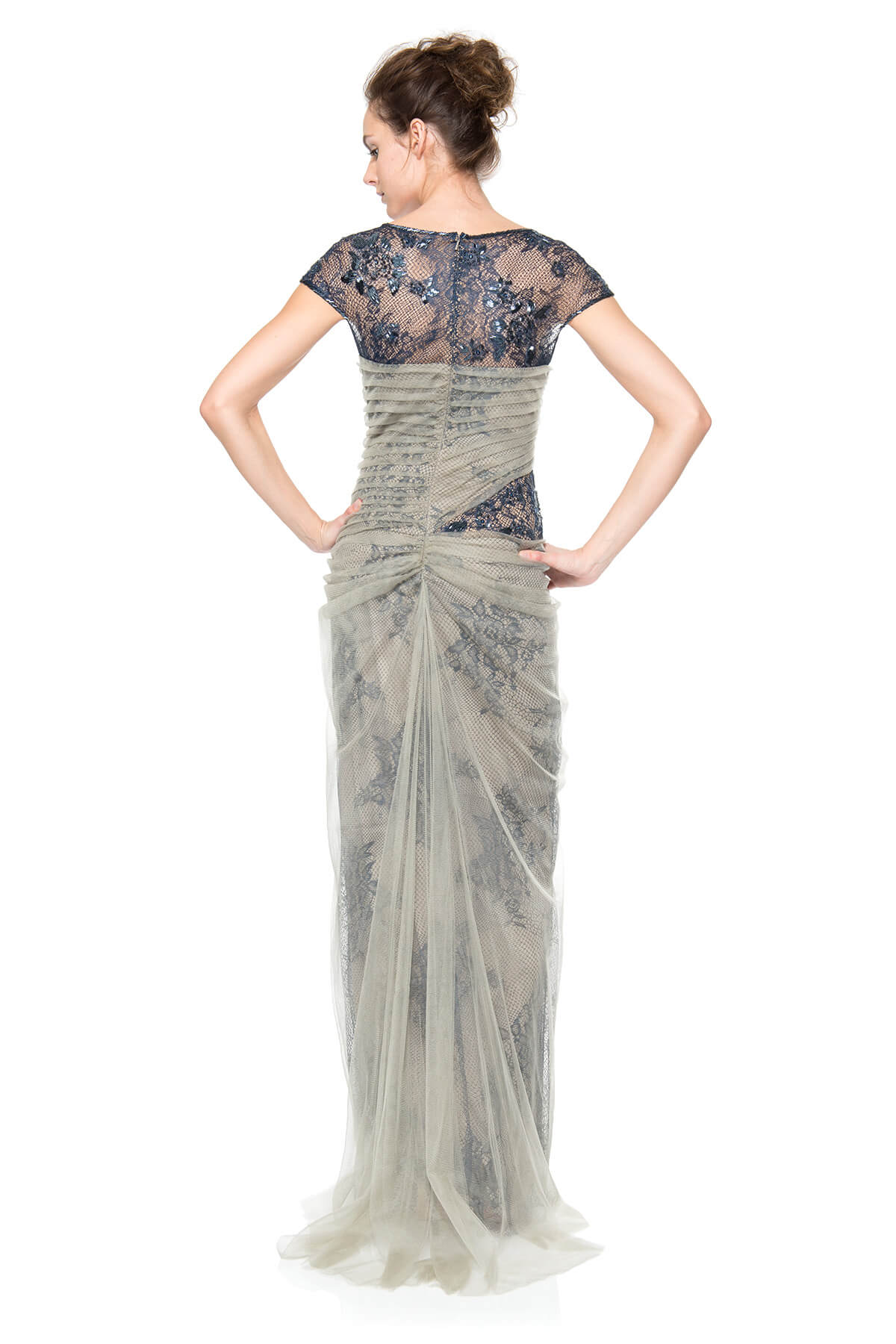 Lace and Draped Tulle Gown in Duchess Grey / Dusty Navy