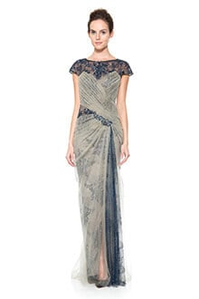 Lace and Draped Tulle Gown in Duchess Grey / Dusty Navy