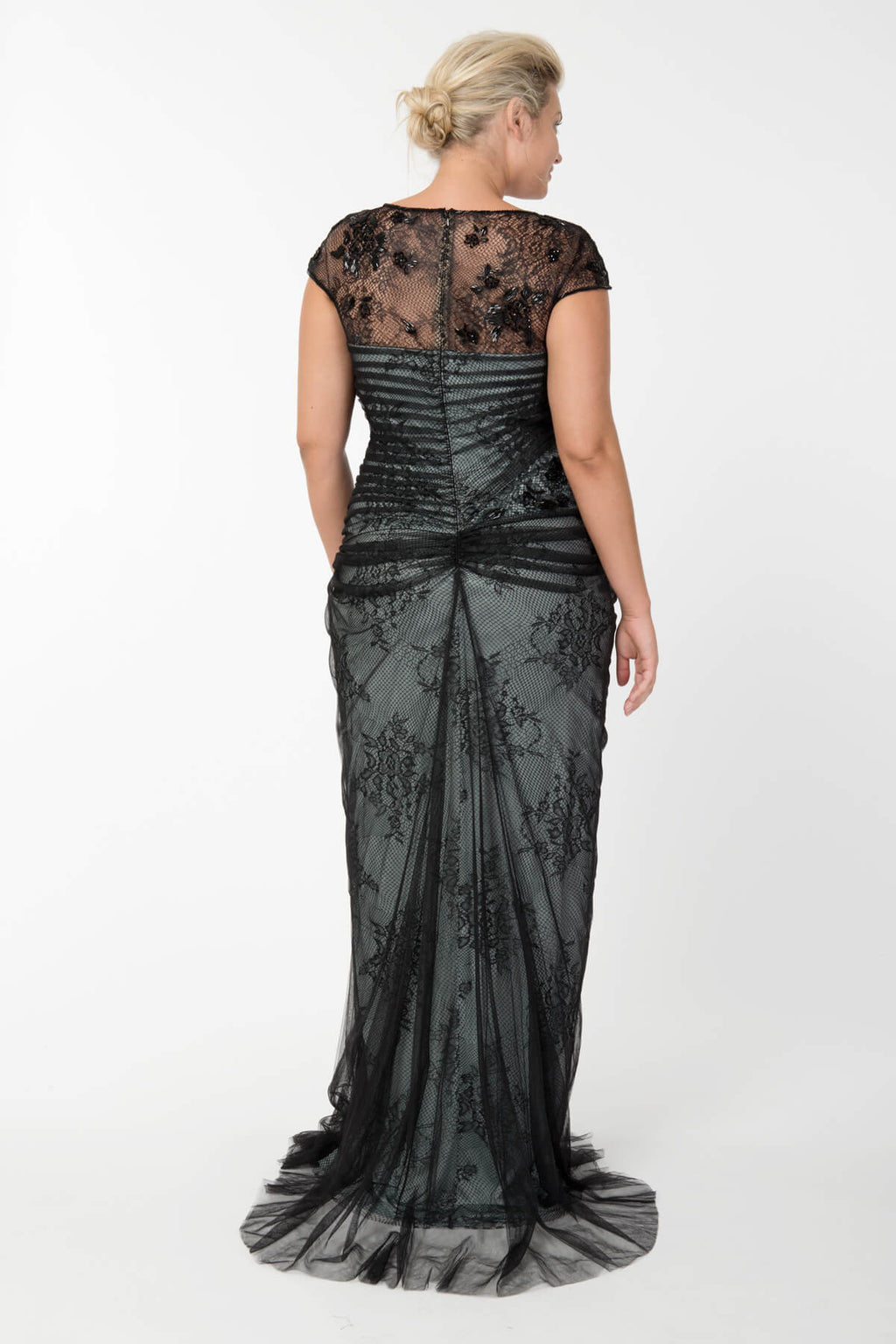 Lace and Draped Tulle Gown in Black / Marble