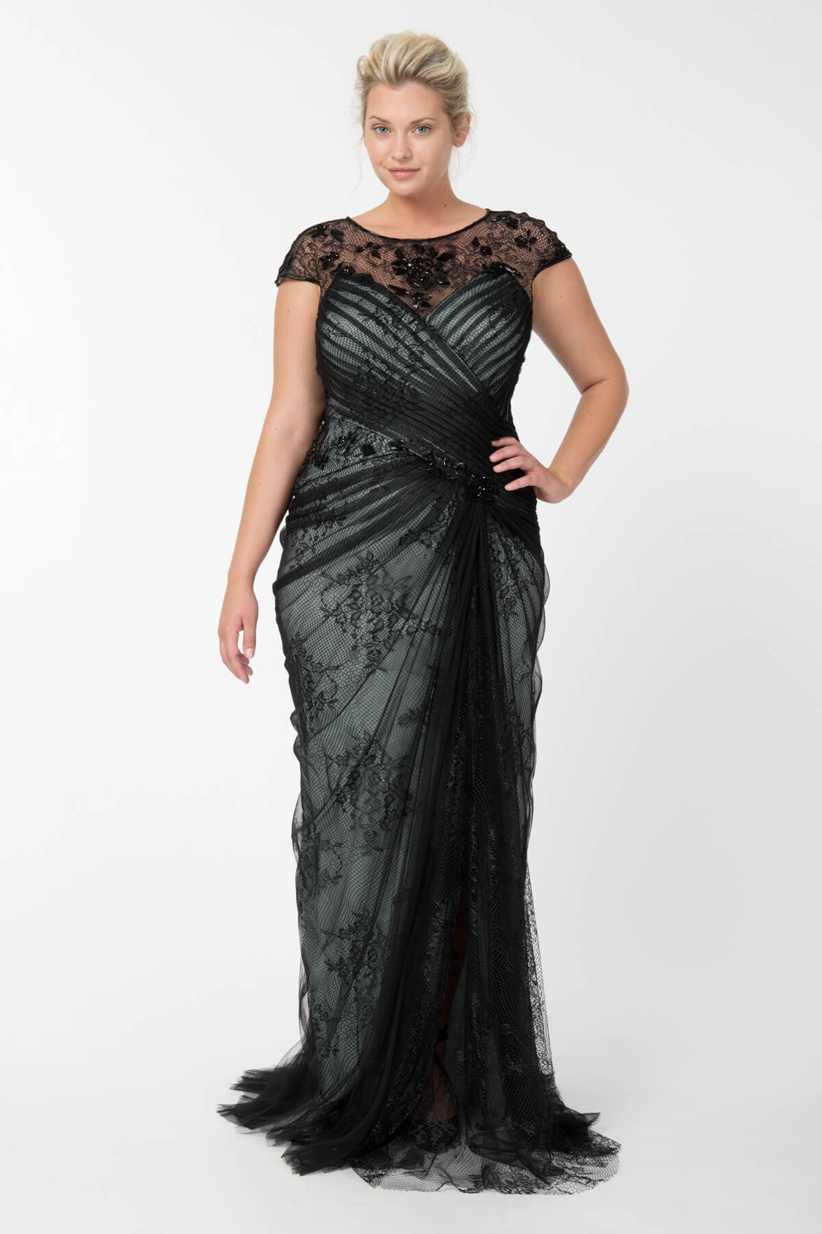 Lace and Draped Tulle Gown in Black / Marble